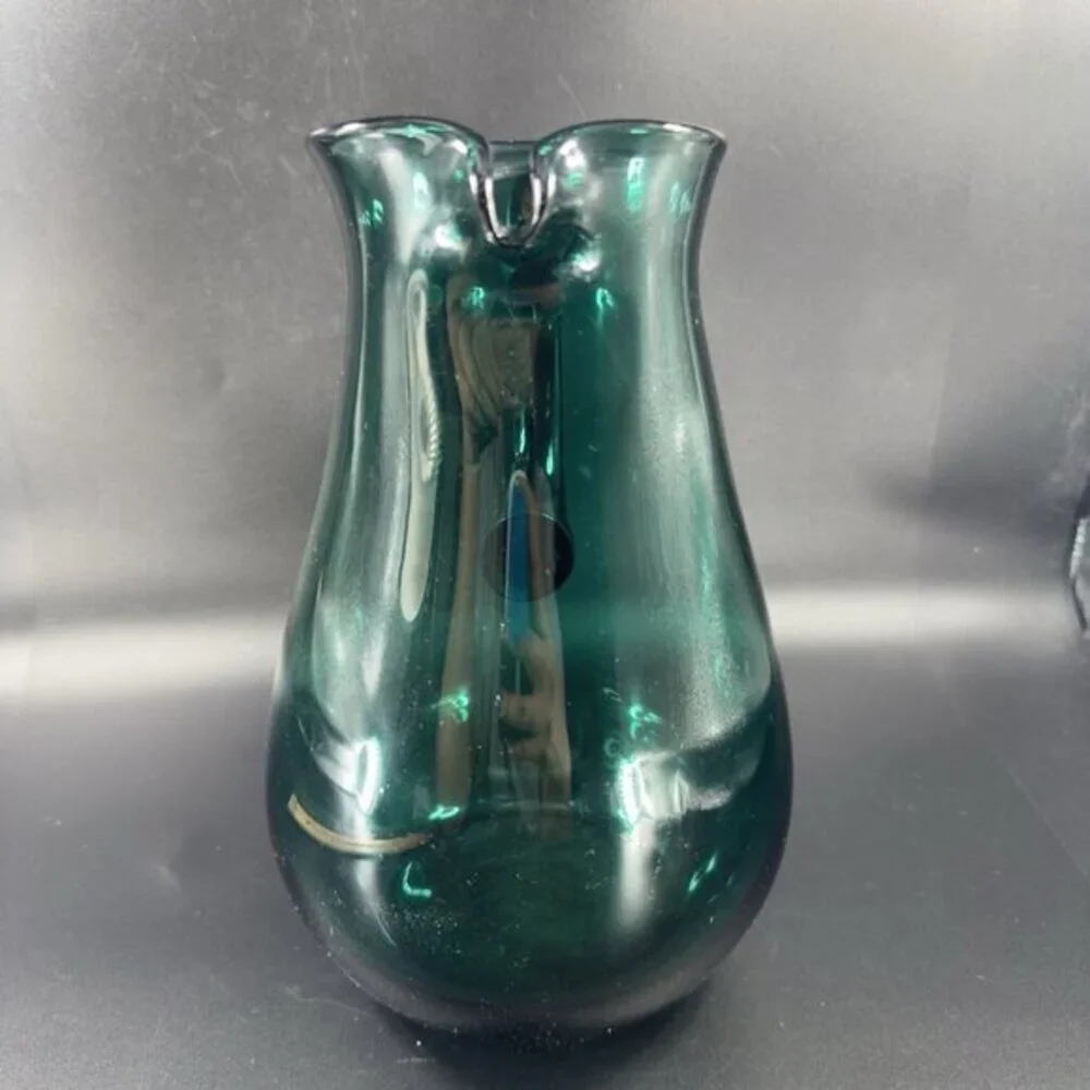 Hortensja Teal Green Blue Hand Blown Glass Pitcher  Made In Poland Vintage Decor